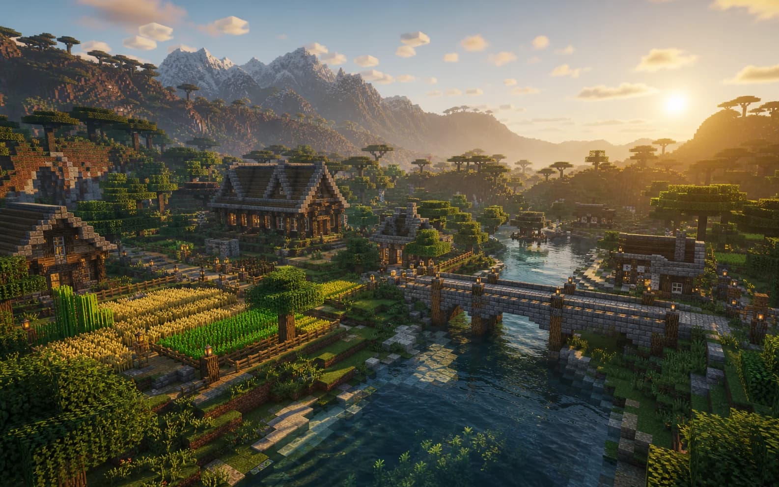 Emerald Survival village and river landscape at sunrise